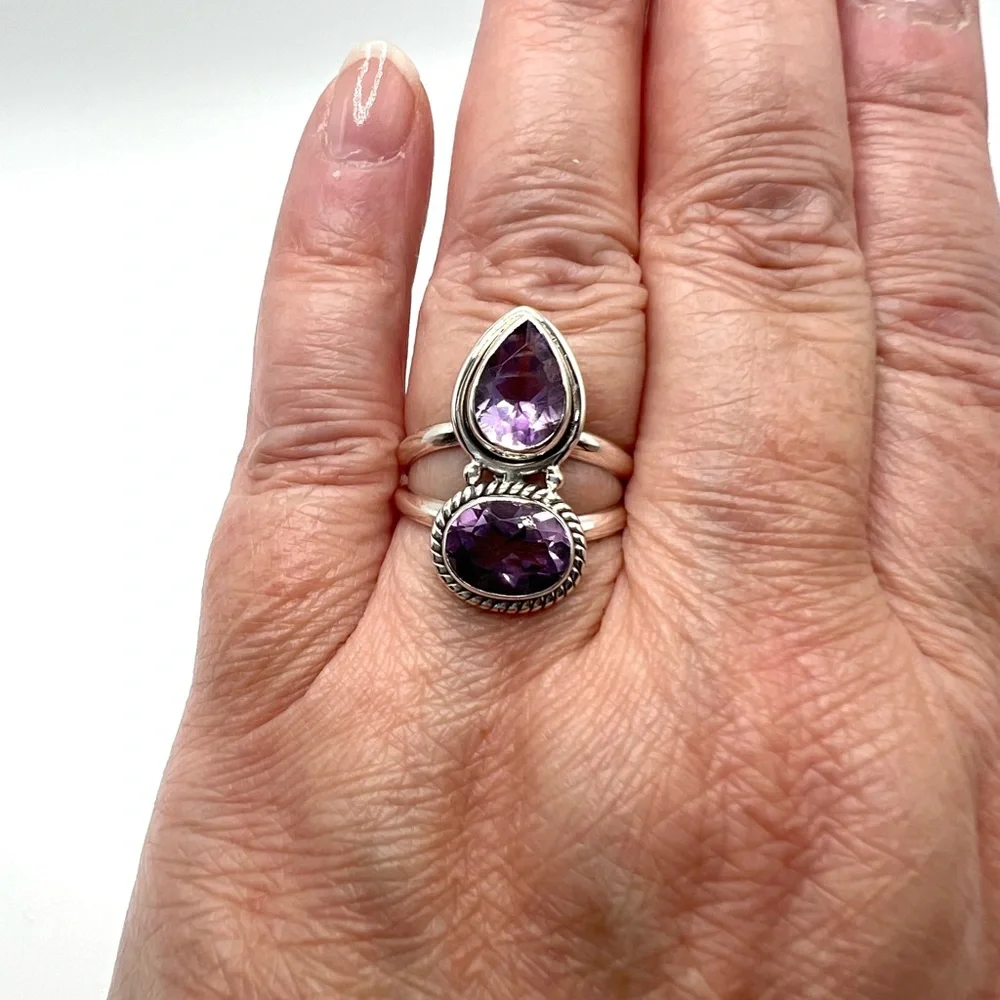Genuine Faceted Amethyst Oval & Tear Drop .925 Sterling Silver Ring - Picture 16 of 17